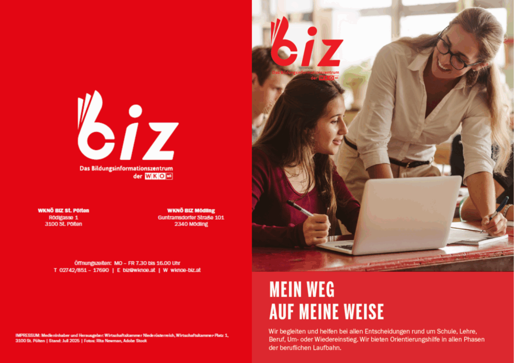 Cover des WKNÖ-BIZ Folders, ein Frau beugt sich über einen Laptop, an dem eine junge Frau sitzt.